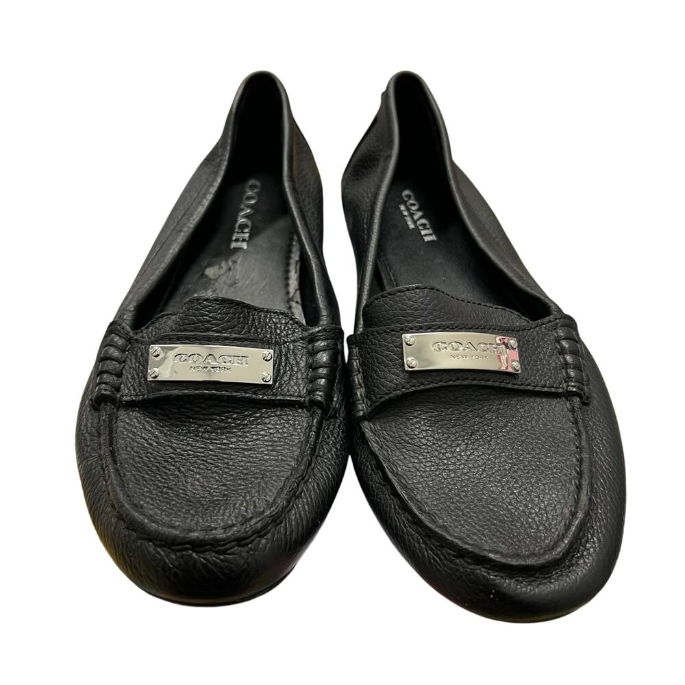 Coach Fredrica loafers black pebbled leather silver buckle logo classic SZ 6B
